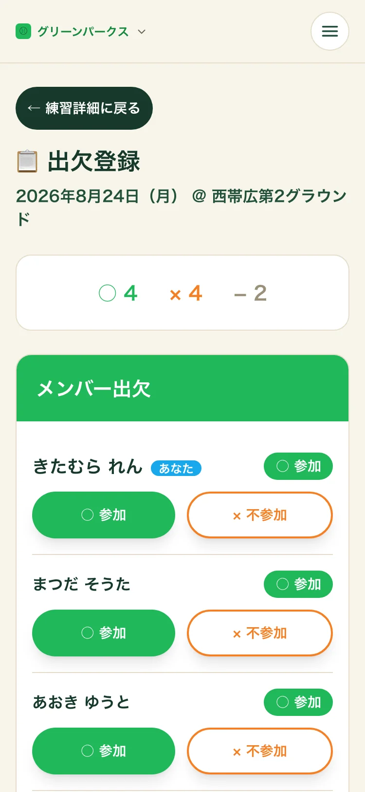 練習の出欠登録。参加4・不参加4・未回答2の集計と、メンバーごとの参加/不参加ボタン